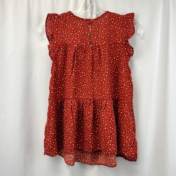 Moa Moa Women’s Sleeveless Ruffle Blouse Cinnamon/White Polka Dot Small - Picture 7 of 9